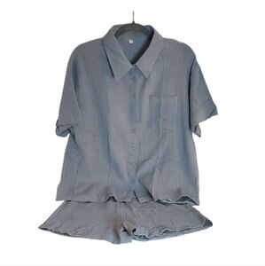 New Light Blue Gray Button-Up Shirt and Shorts Set Sz Large